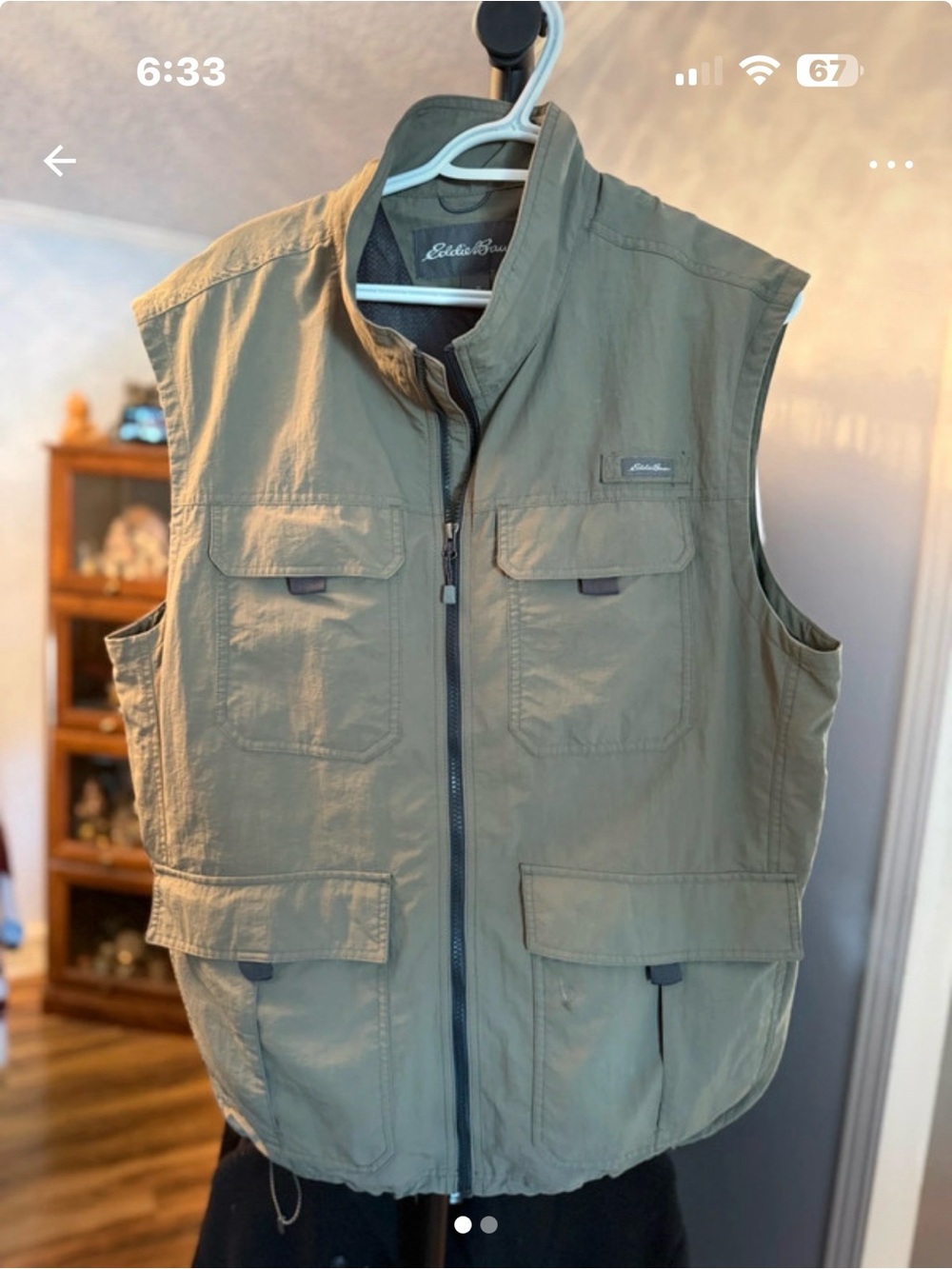 Eddie Bauer Olive Green Utility Vest - Front Zip Multi-Pocket